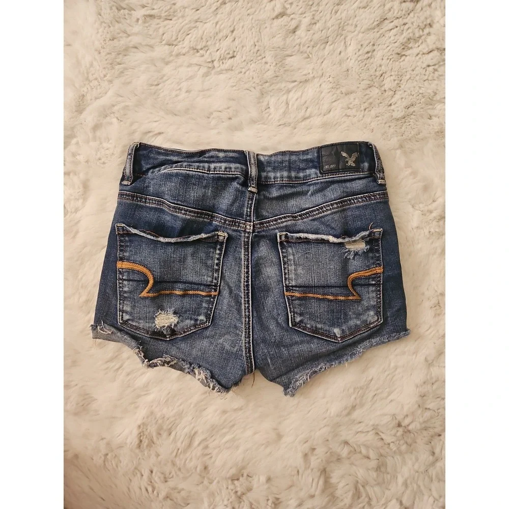 American Eagle Super Stretch Denim Shorts Womens Size 4 Hi-Rise Distressed Blue